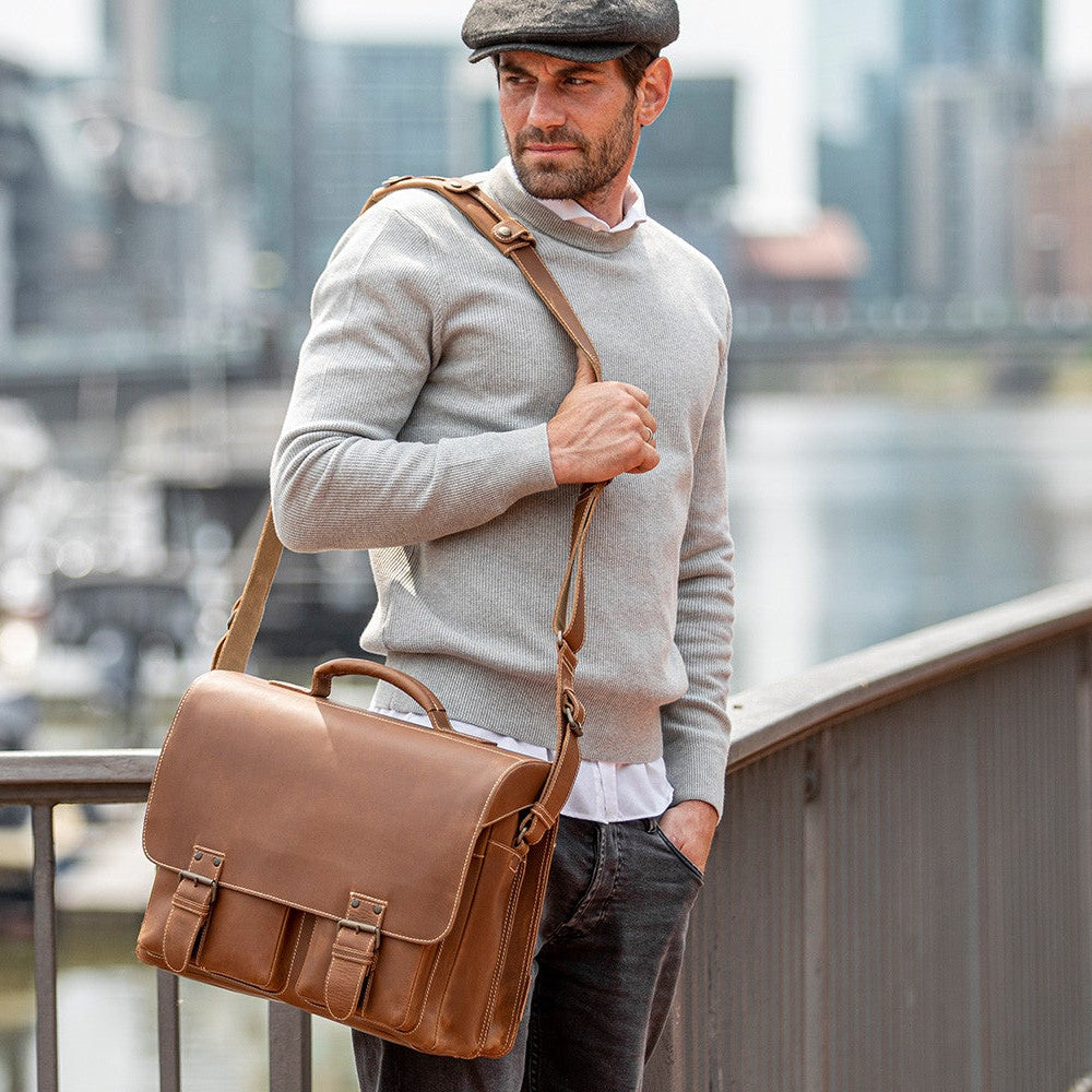 Aunts & Uncle - Finn  Briefcase in Vintage Tan - on model 3