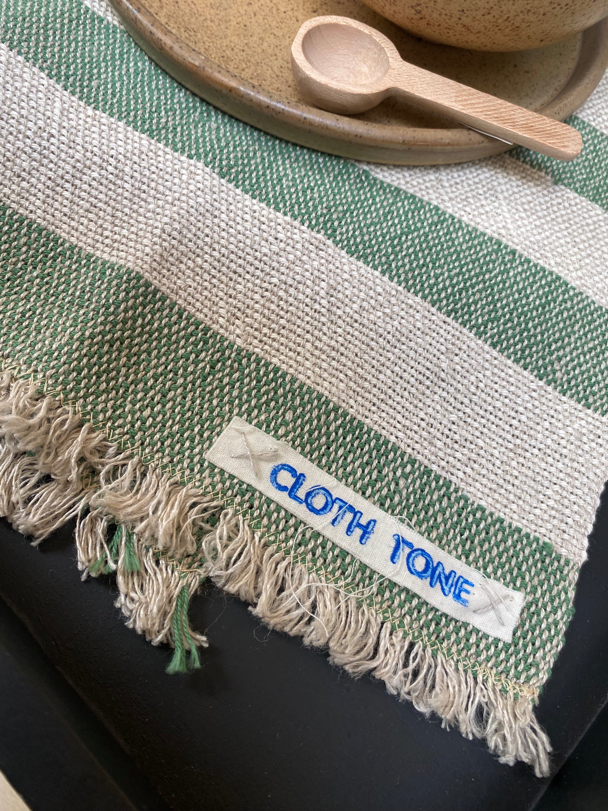 Cloth Tone - Handwoven | Organic Linen & Cotton Hand Towel | Green Stripes 3