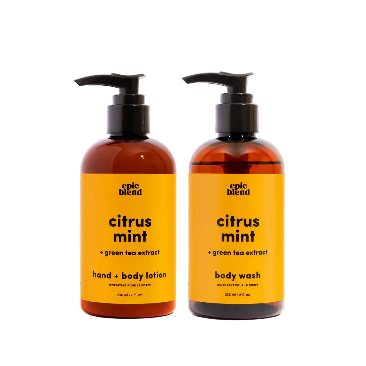 Two bottles of 'epic blend' citrus mint hand and body lotion and body wash on a white background