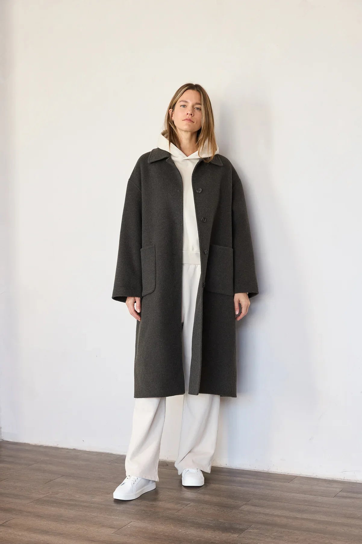 FW24 - It is Well L.A - Handmade Wool Maxi Coat in Charcoal Brown - front 3
