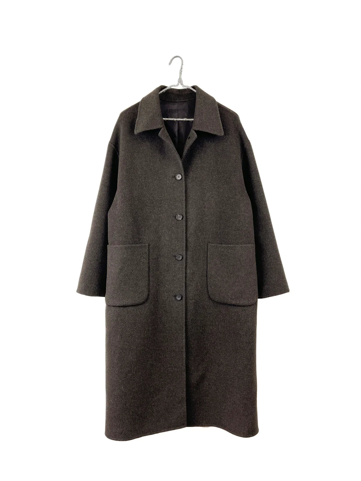 FW24 - It is Well L.A - Handmade Wool Maxi Coat in Charcoal Brown - front display 4