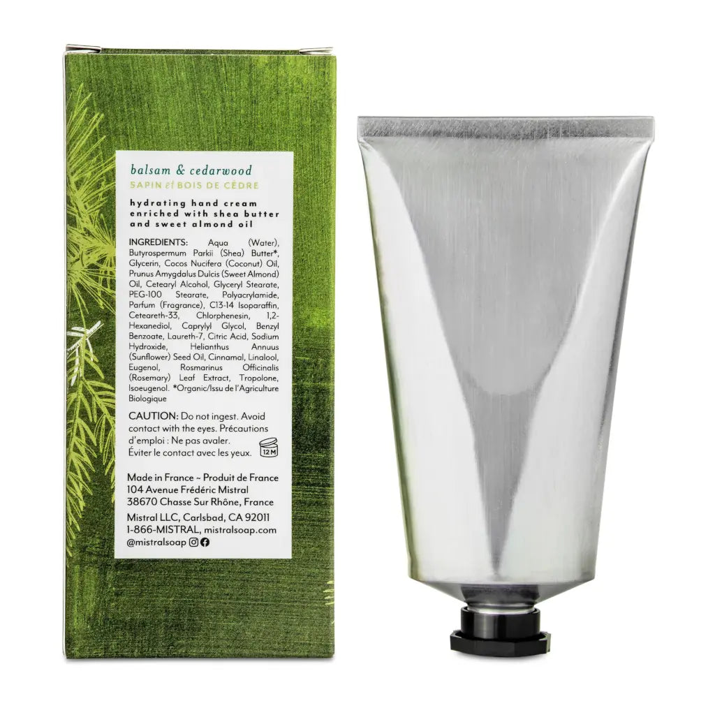 Mistral balsam & cedarwood hand cream packaging with green label and leaf design.