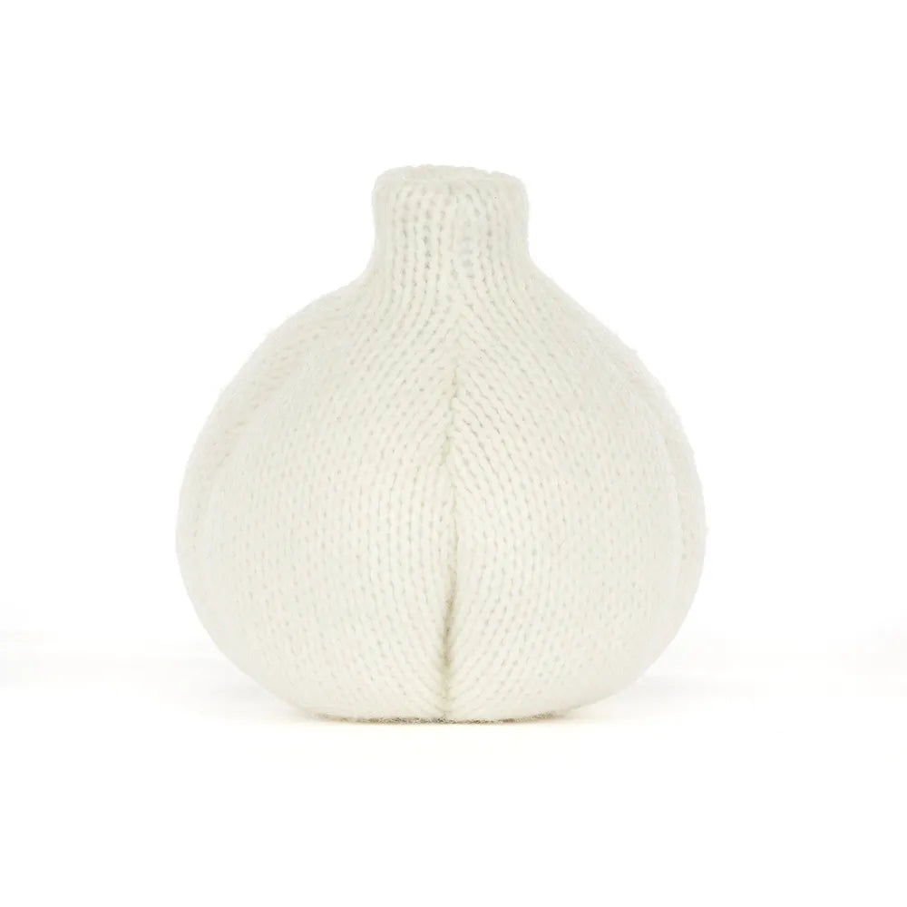 A white knit garlic-shaped decorative object, shown against a plain white background.
