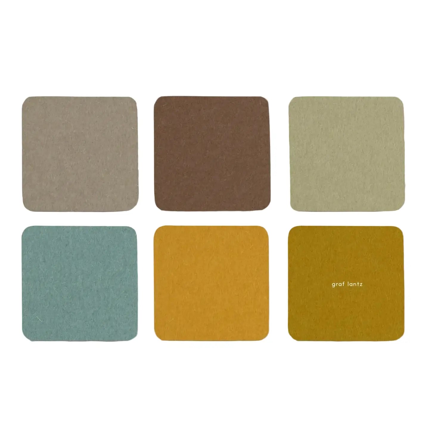 Set of six square color samples in various colors on a light gray background