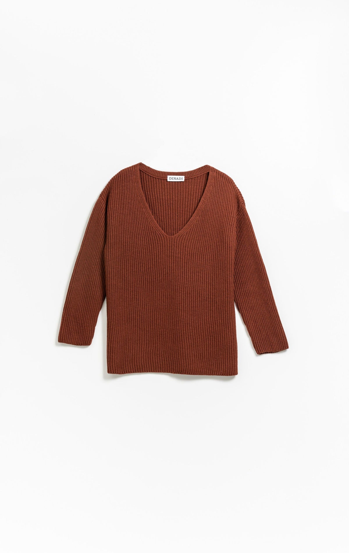 Merino V-Neck Rib Sweater in Rust Red - Dinadi