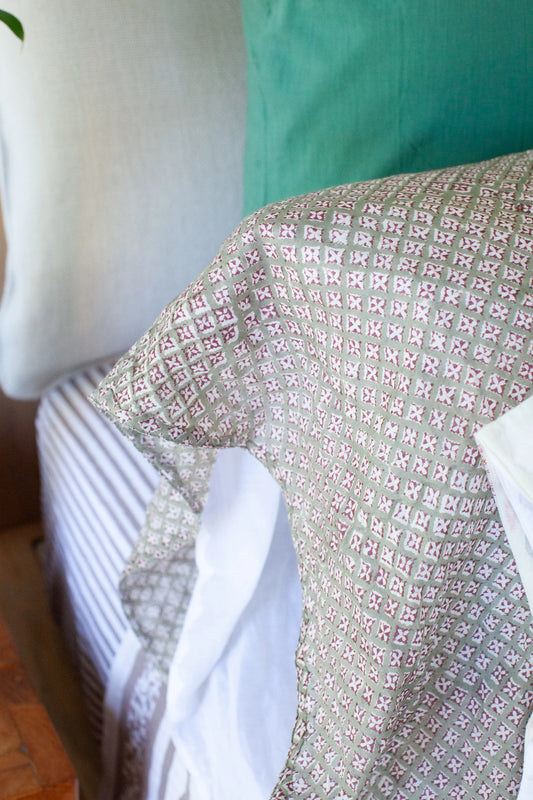Hand Block printed Cotton Pillowcase Set | Moss Pebble