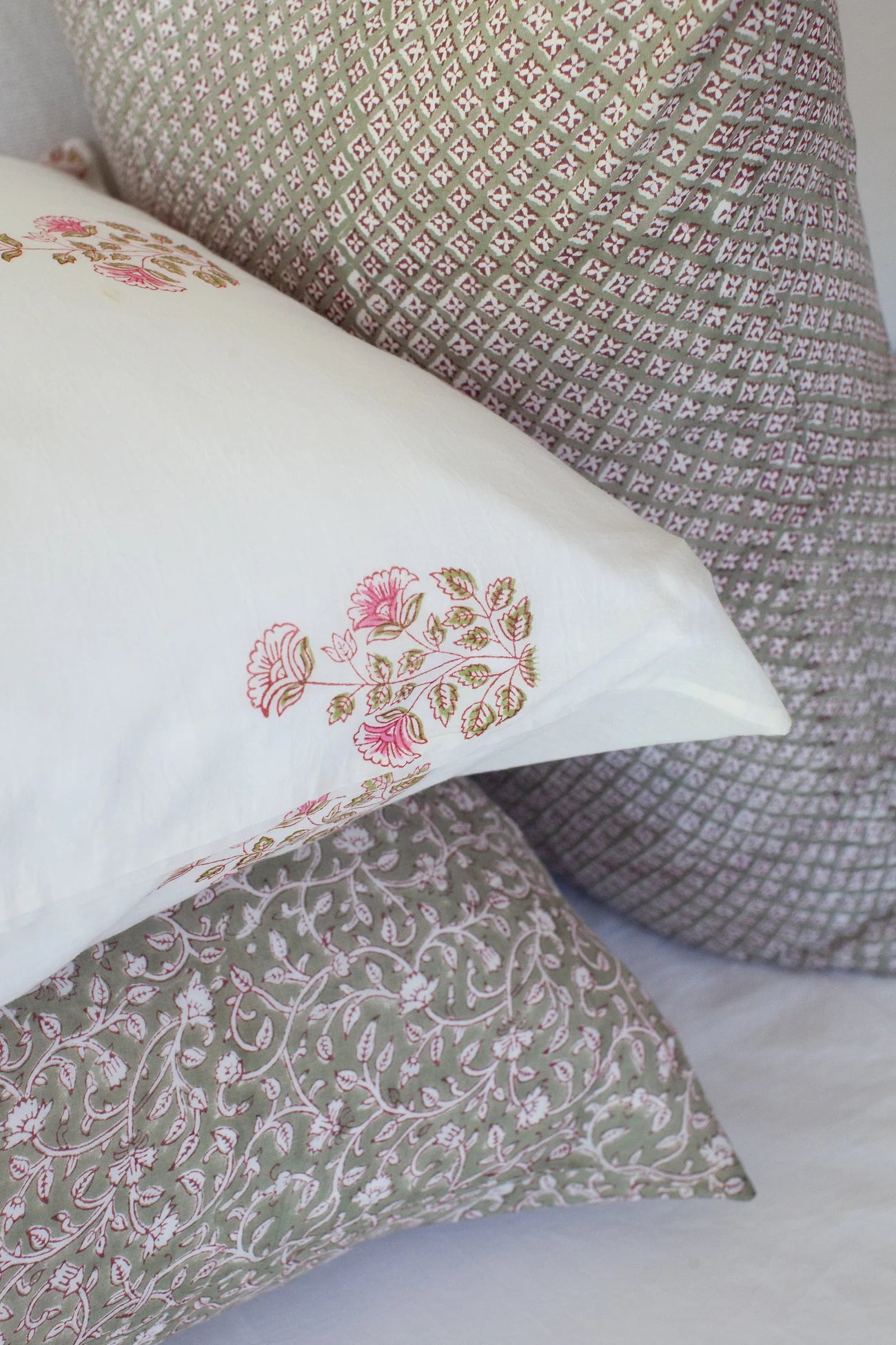 Hand Block printed Cotton Pillowcase Set | Moss Pebble