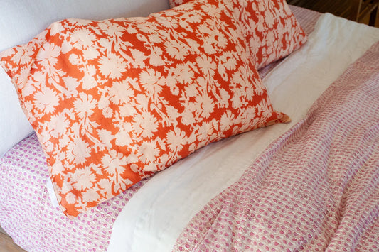 Hand Block printed Cotton Pillowcase Set | Hot Floral