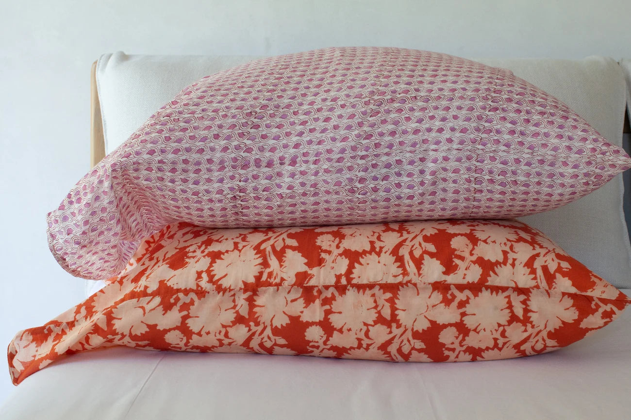 Hand Block printed Cotton Pillowcase Set | Hot Floral