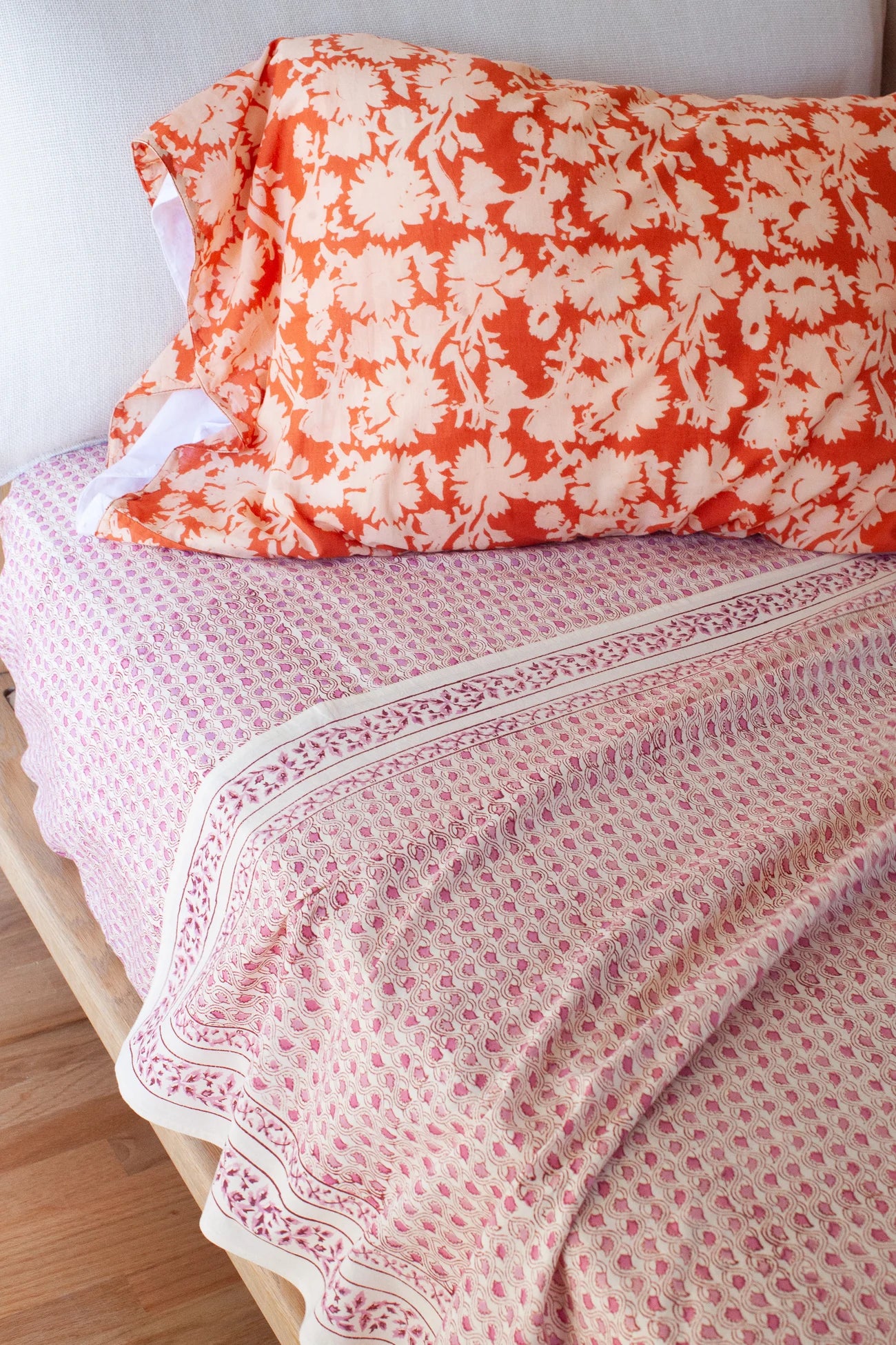 Hand Block printed Cotton Pillowcase Set | Hot Floral
