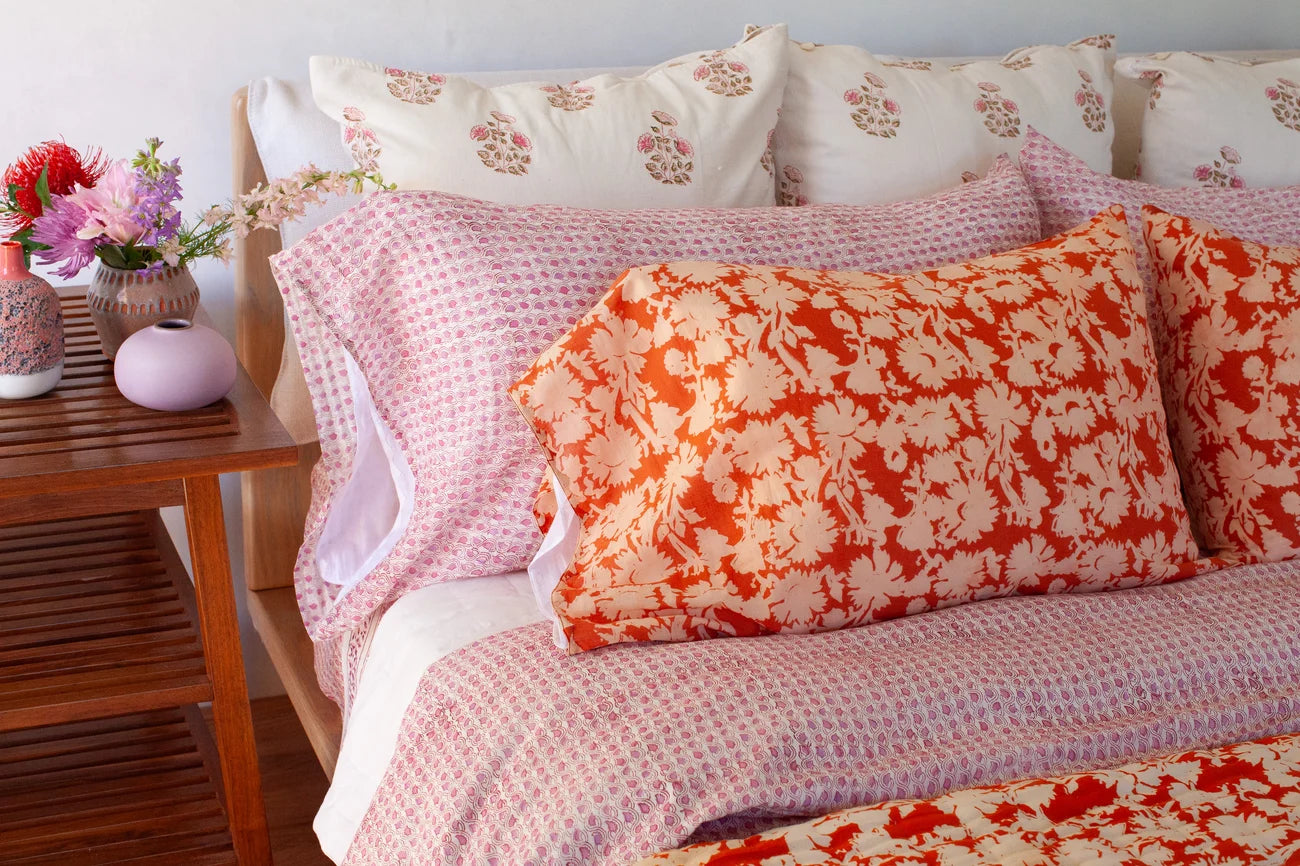 Hand Block printed Cotton Pillowcase Set | Pink Chain