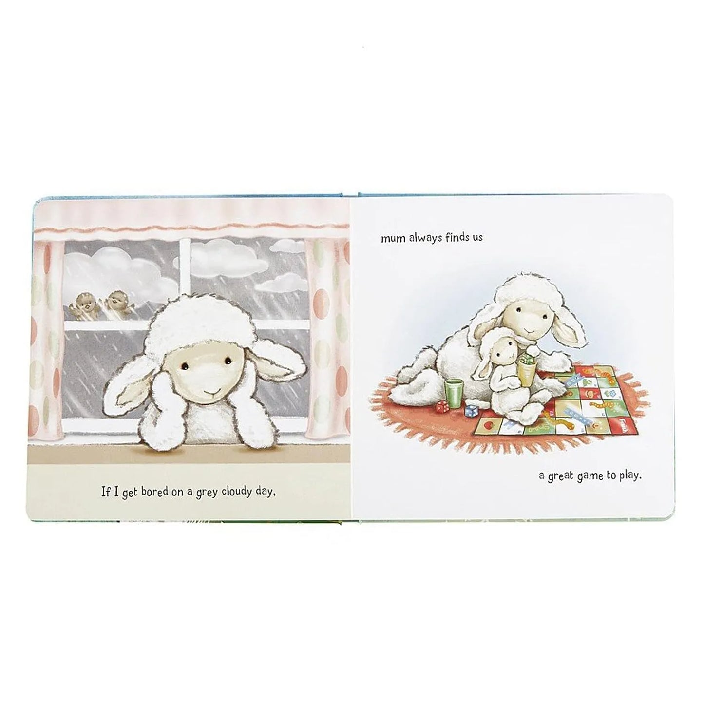 Illustrated book page with a sheep character looking out a window and then playing on a rug.