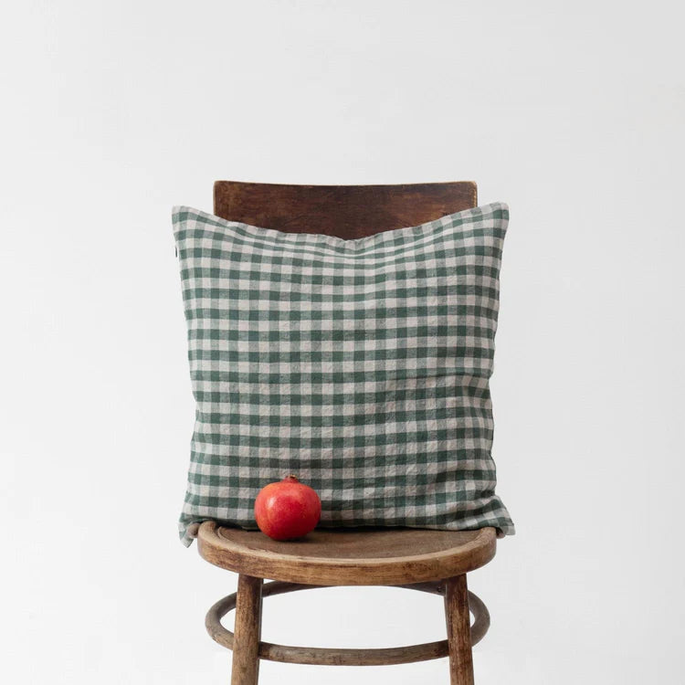 Linen Tales linen cushion cover with forest green gingham print