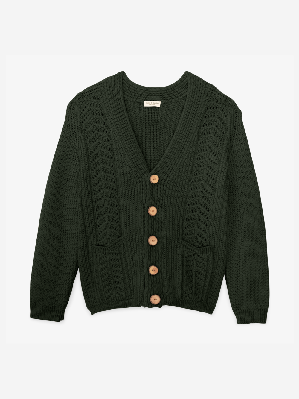 Milo & Dexter - Hand Knit Wool Classic Cardigan in Forest Green - on display 1