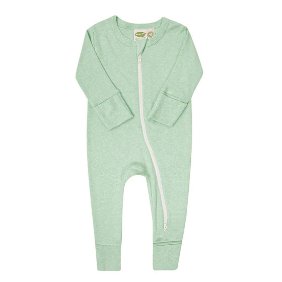 Green baby onesie with a zipper on a white background