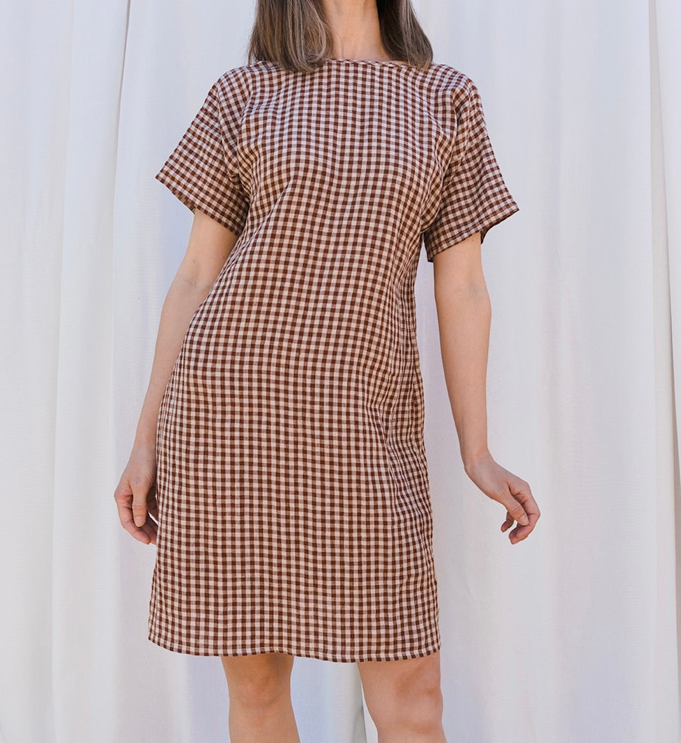 Scoop Back Dress in Brown & White Gingham Linen