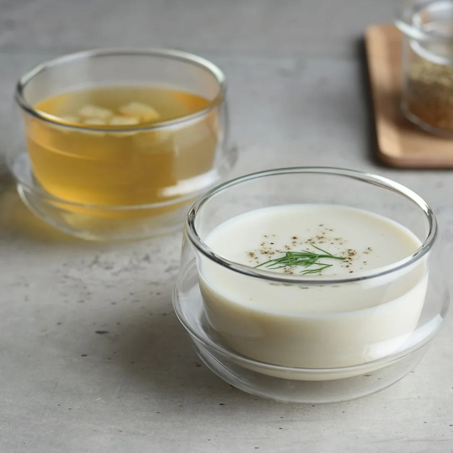KINTO KRONOS Double Wall Soup Bowls holding soup