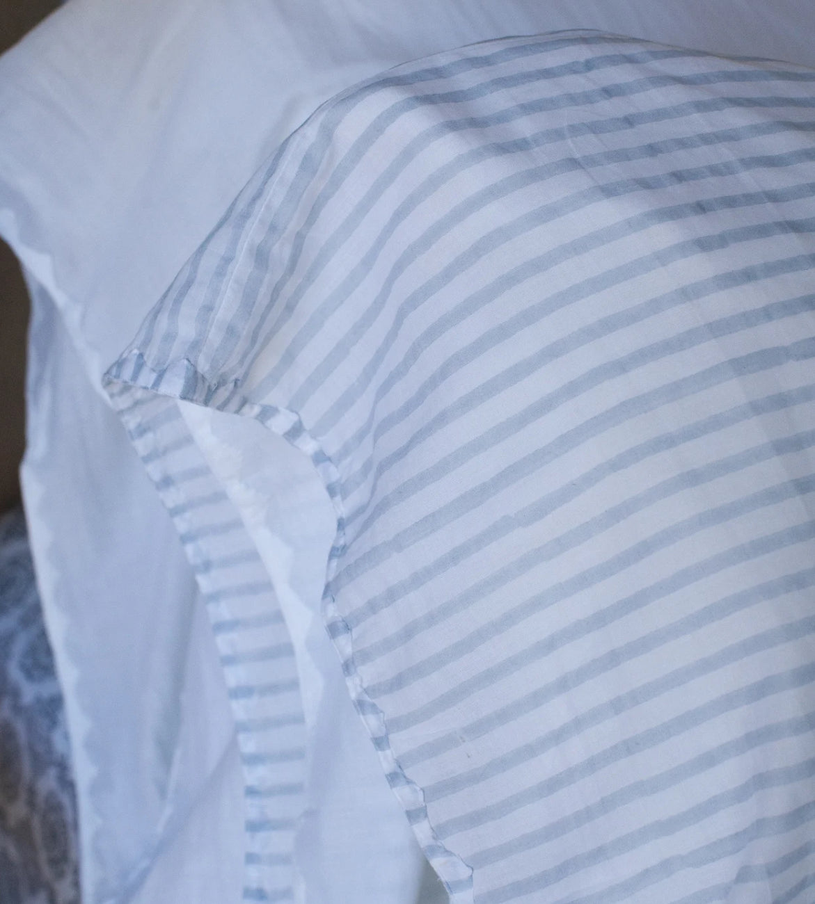 SS25 - Kerry Cassil - Hand Block Printed Cotton Pillowcase Set | Light Blue Stripe - 2