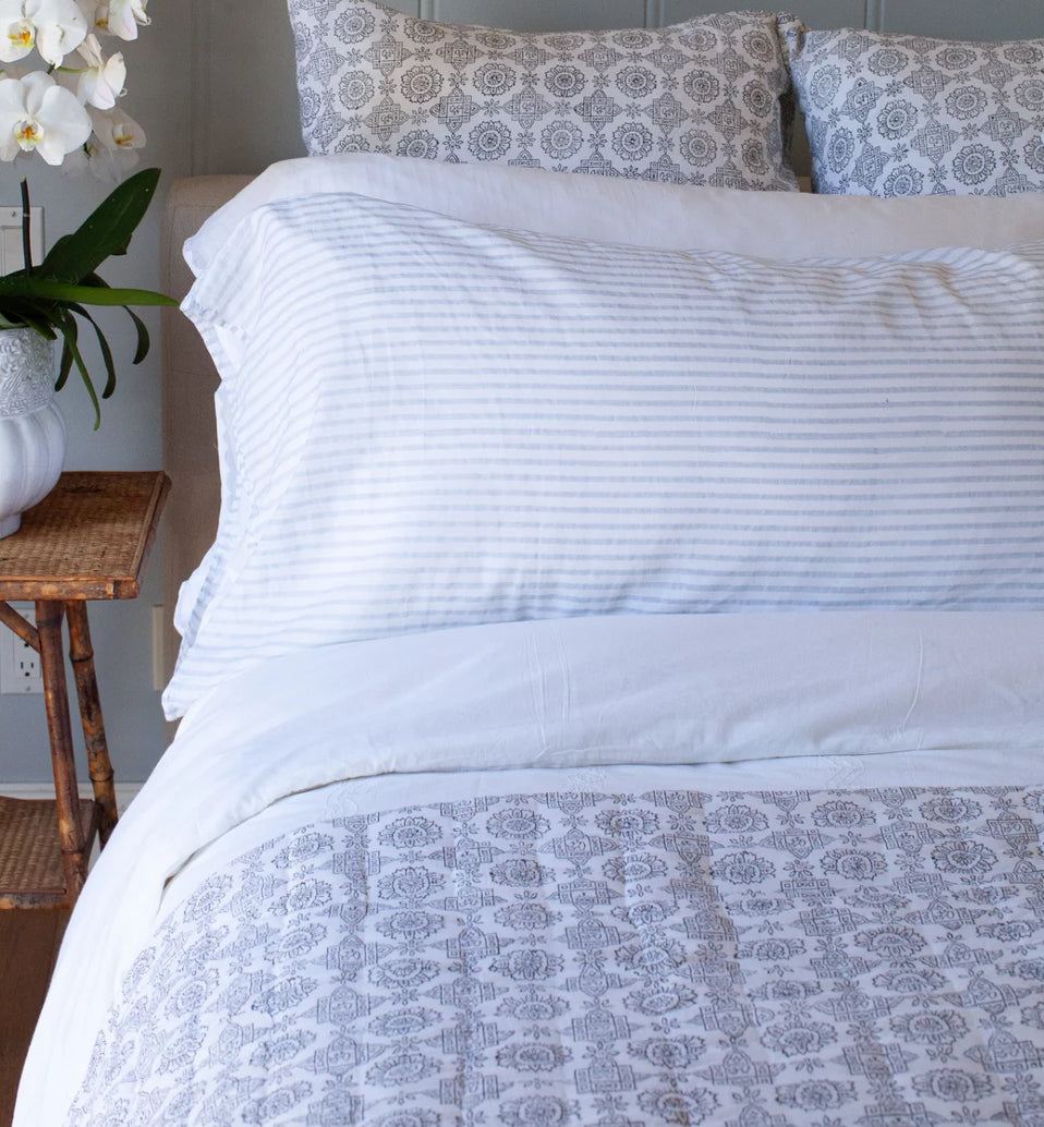 SS25 - Kerry Cassil - Hand Block Printed Cotton Pillowcase Set | Light Blue Stripe - 4