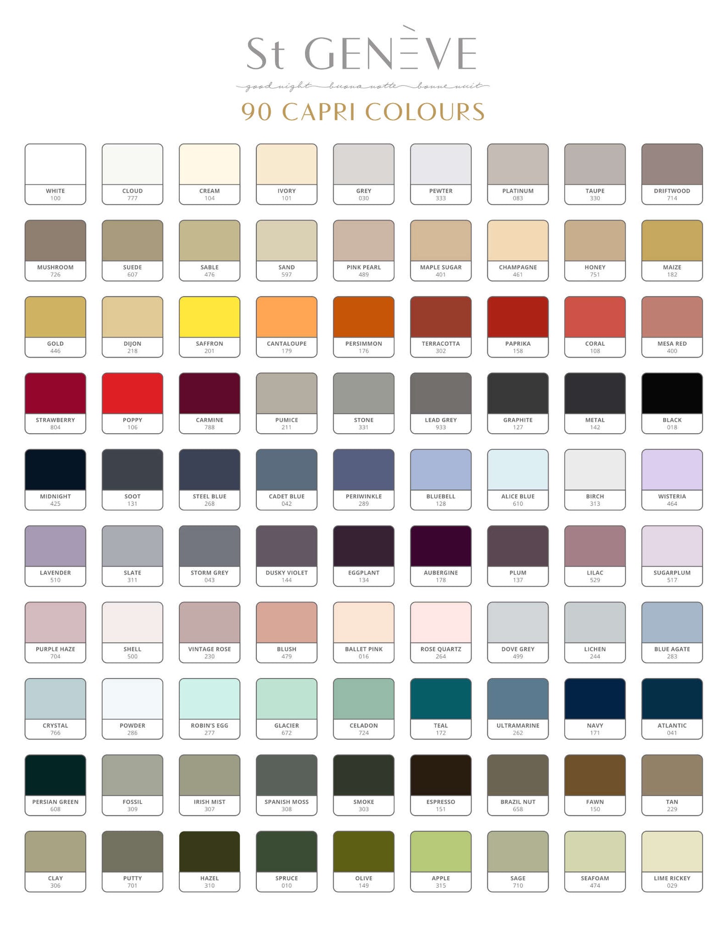 Color swatch chart with 90 Capri colours by St Geneve on a white background.