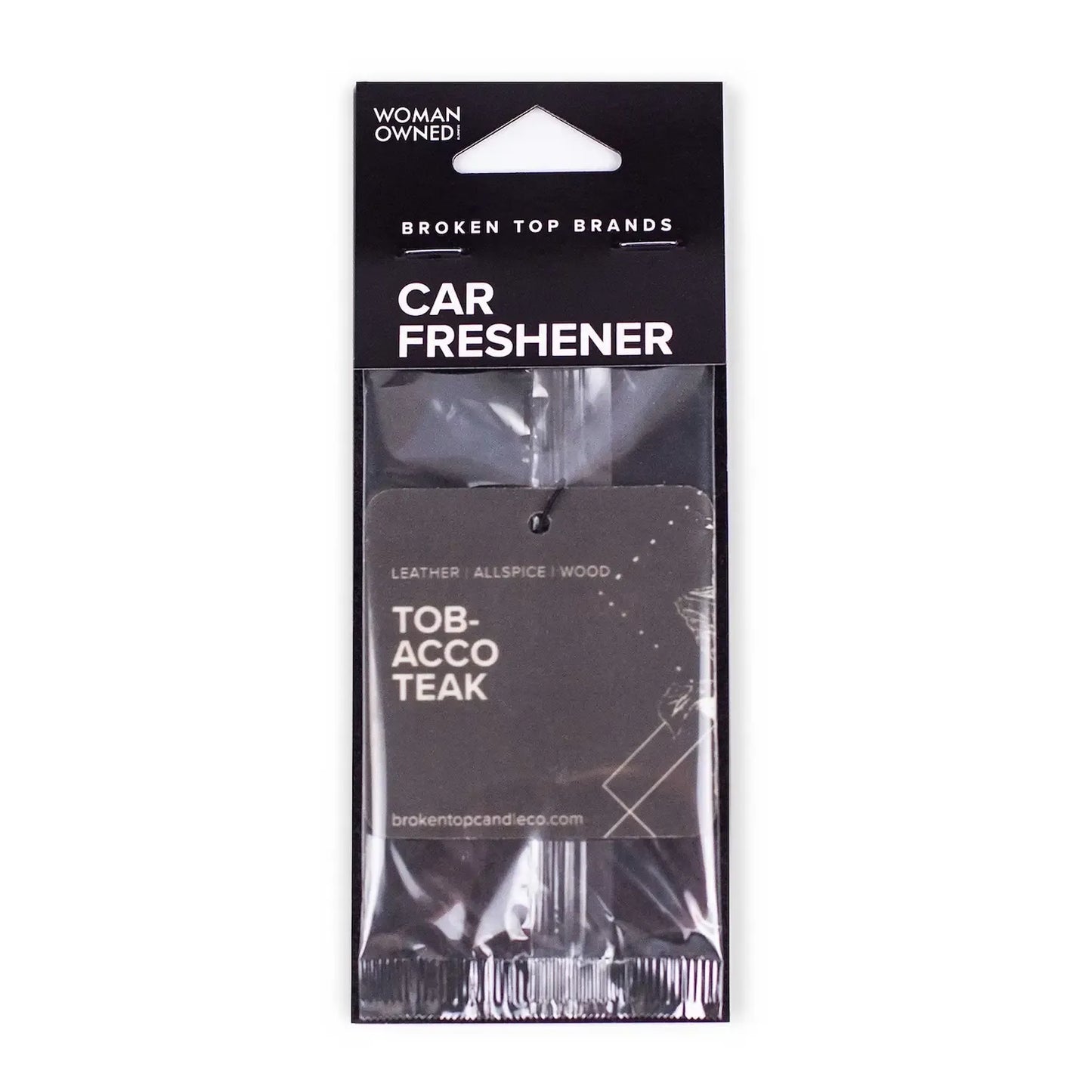 Broken Top Brands Car Freshener in a clear plastic hanging package with a black header card. The tag inside reads 'TOB-ACCO TEAK' and shows a leather, allspice, and wood scent profile.