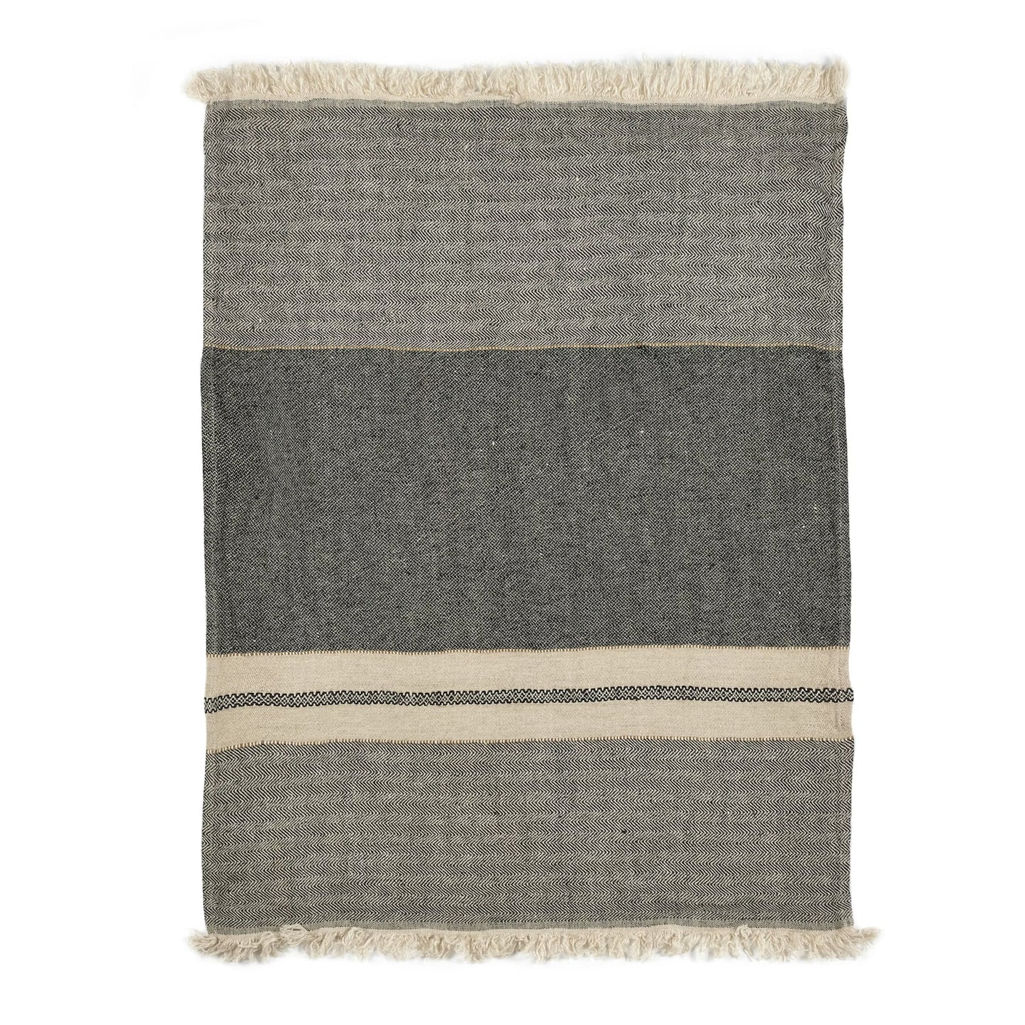 Gray and beige striped rug with fringes on a white background