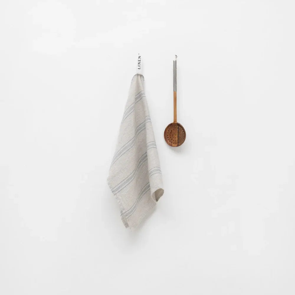 light grey-blue striped kitchen towel shown against a clean white background.