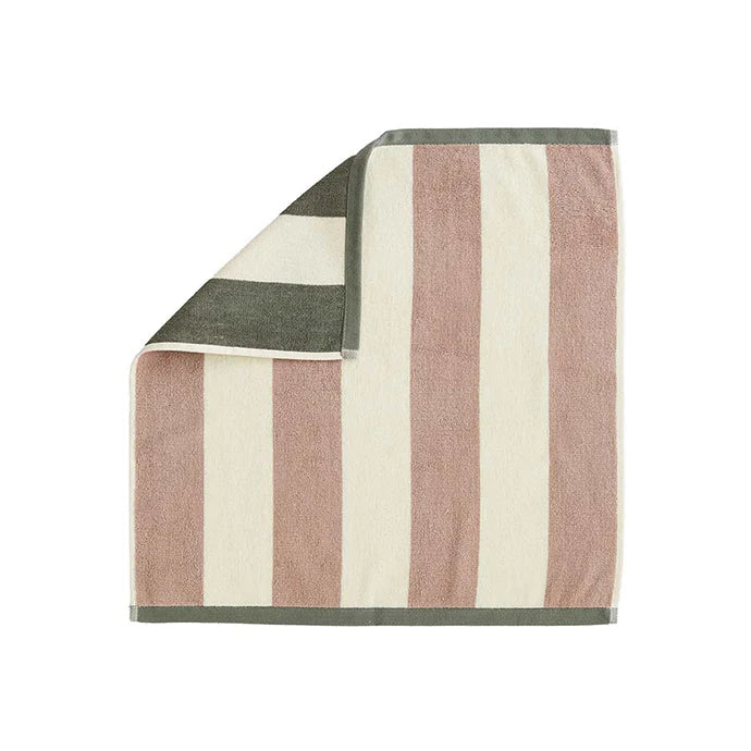 Rivage terry tea towel in kaki and pink, made by Coucke in France