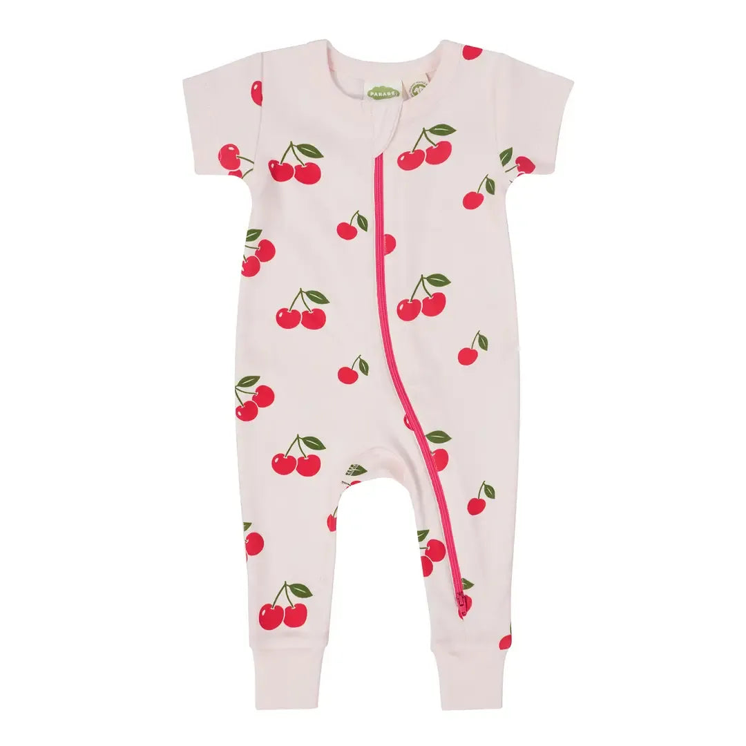 Baby romper with cherry pattern on a white background