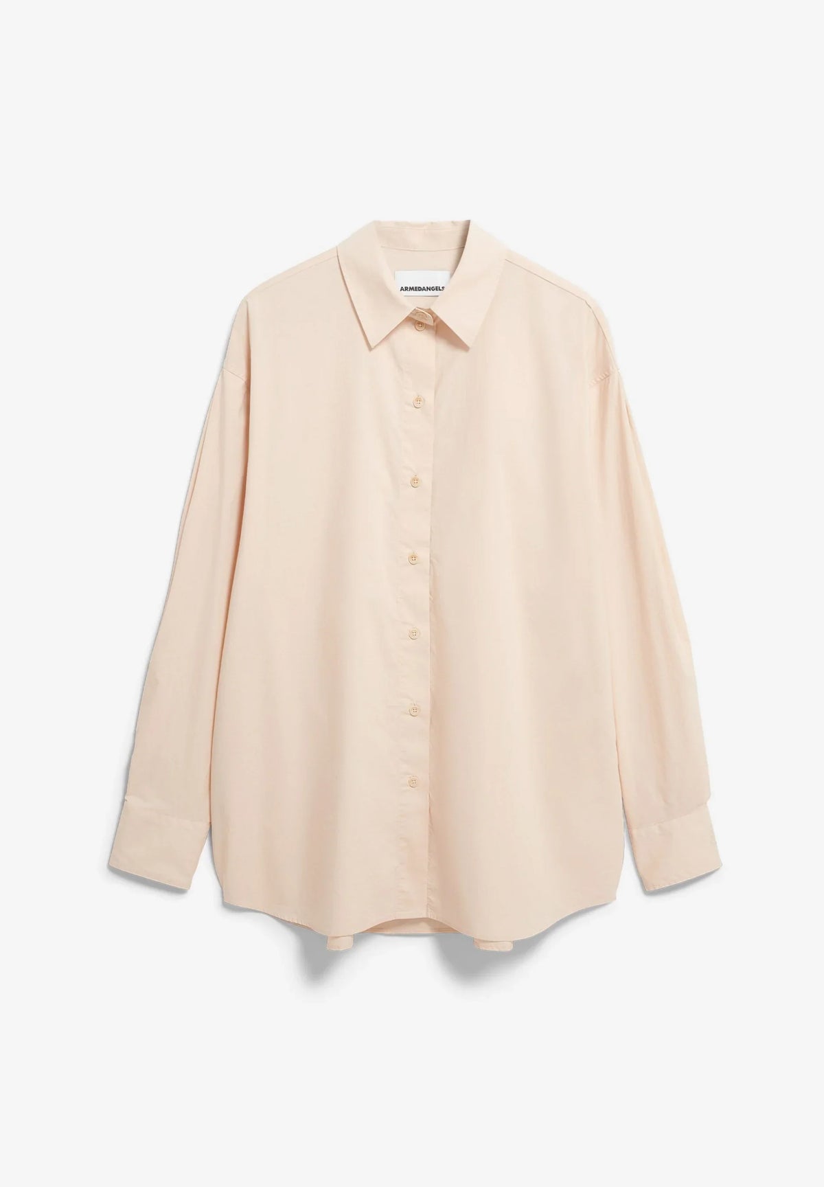 Front flatlay of the ARMEDANGELS Canada Barrel Sleeve Poplin Blouse in pale peach on a white background, showing the shirt collar, button placket and buttoned cuffs.