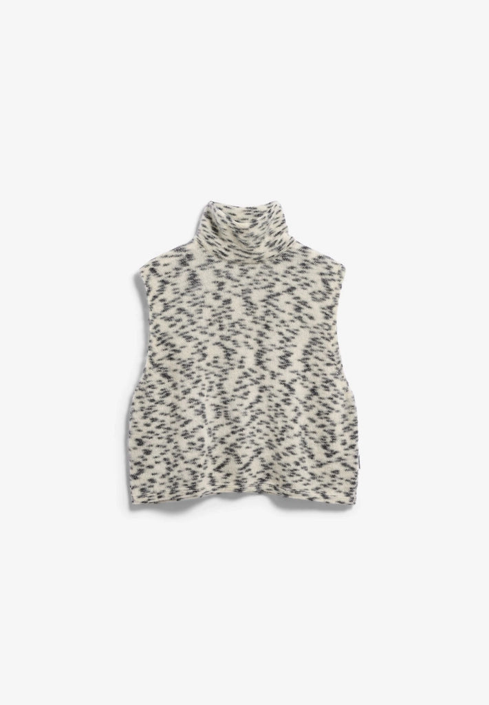 Front flatlay view of ARMEDANGELS Canada Dotted Mohair-Blend Knit Vest in Oatmilk-Black with a mock neck, on a light grey background.