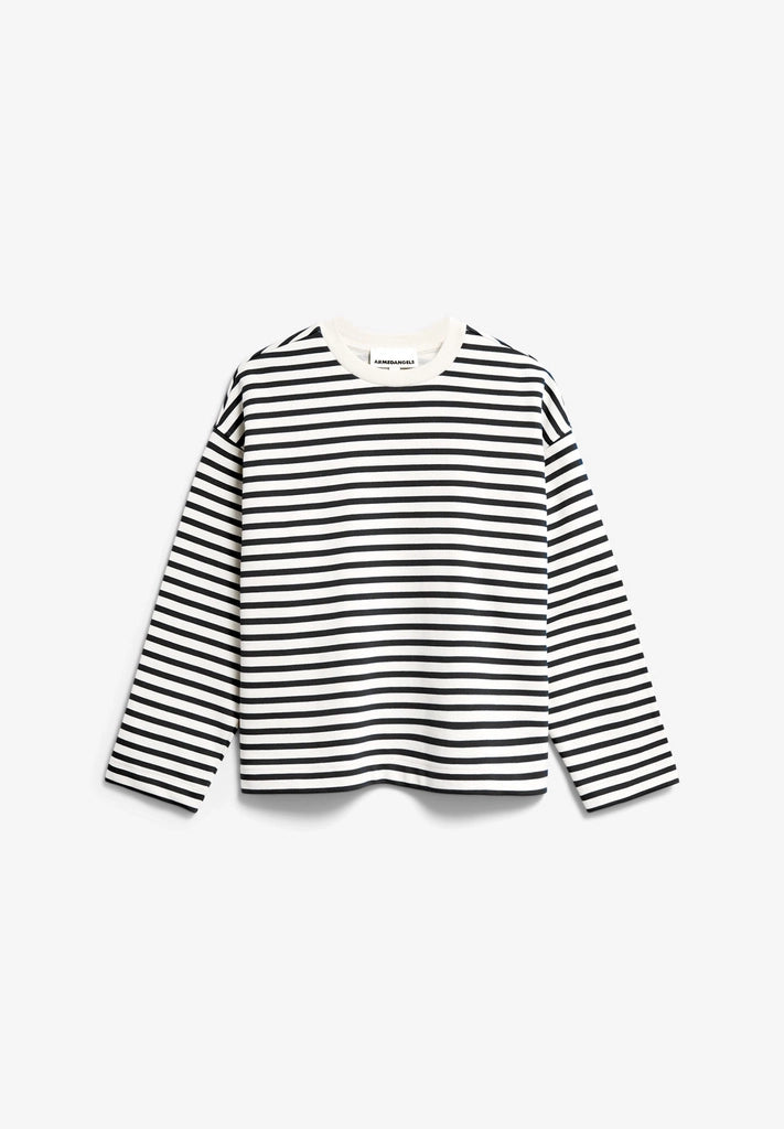 Front flatlay view of ARMEDANGELS Canada Frankaa Maarlen Stripe Sweatshirt in Undyed-Black on a light grey background.
