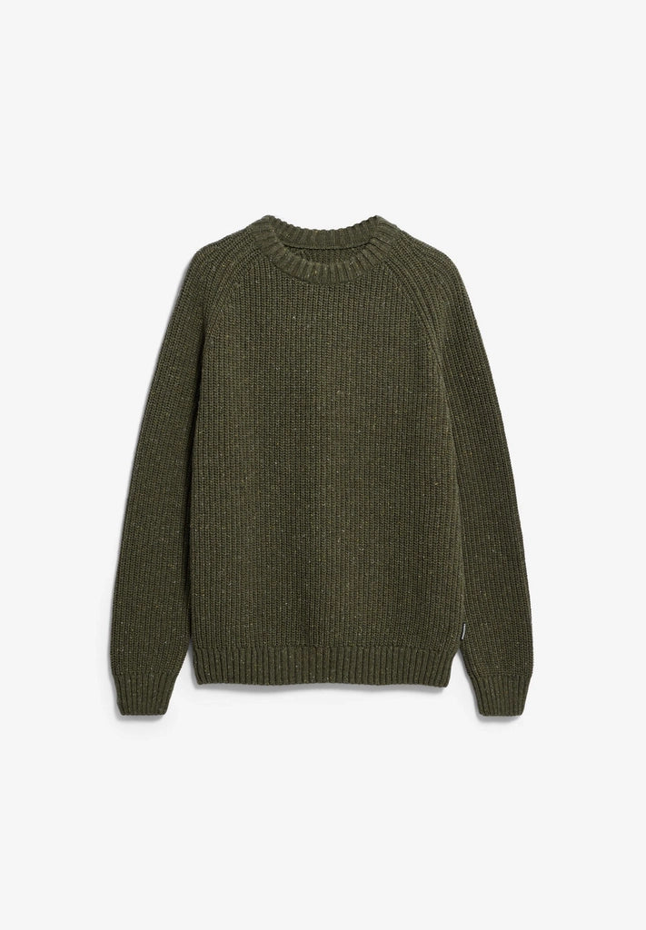 Flat lay of the ARMEDANGELS Canada Kiaano Tweed Knit Sweater in Dark Earth Tweed on a light grey background.