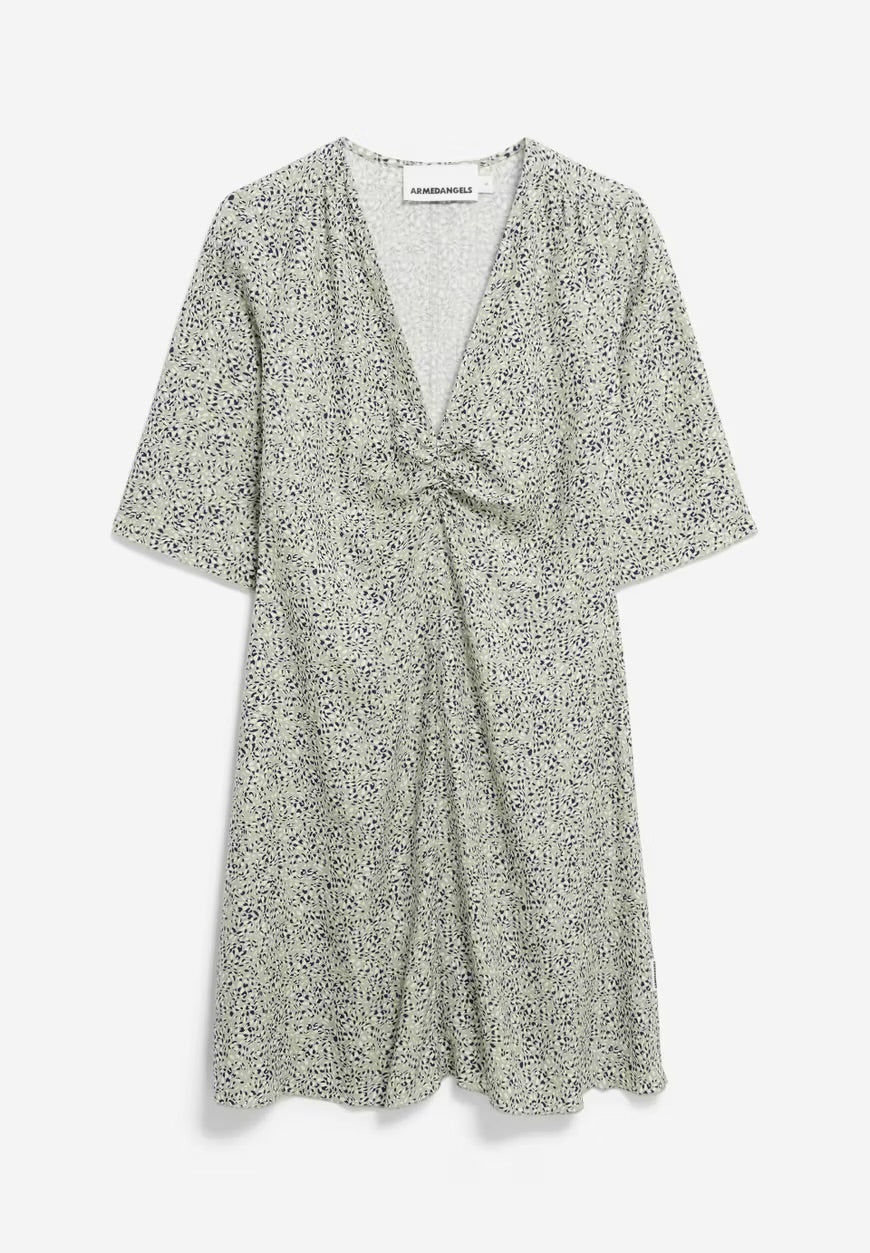 Flat lay of the ARMEDANGELS Canada Lilaat Waterdrop Dress in seagreen print, showing the V-neck, gathered bust and short sleeves, on a white background.