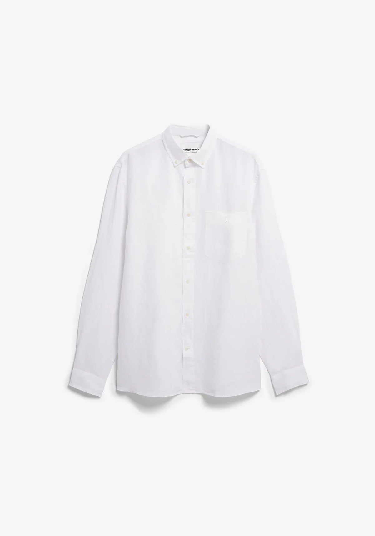 Front flatlay of the ARMEDANGELS Canada Linen Longsleeve Shirt in white on a light grey background.