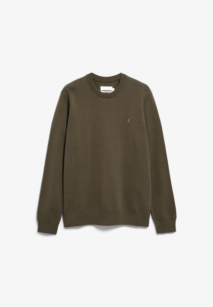 Front flatlay of the ARMEDANGELS Canada Loukaa Knit Sweater in dark earth on a light grey background.