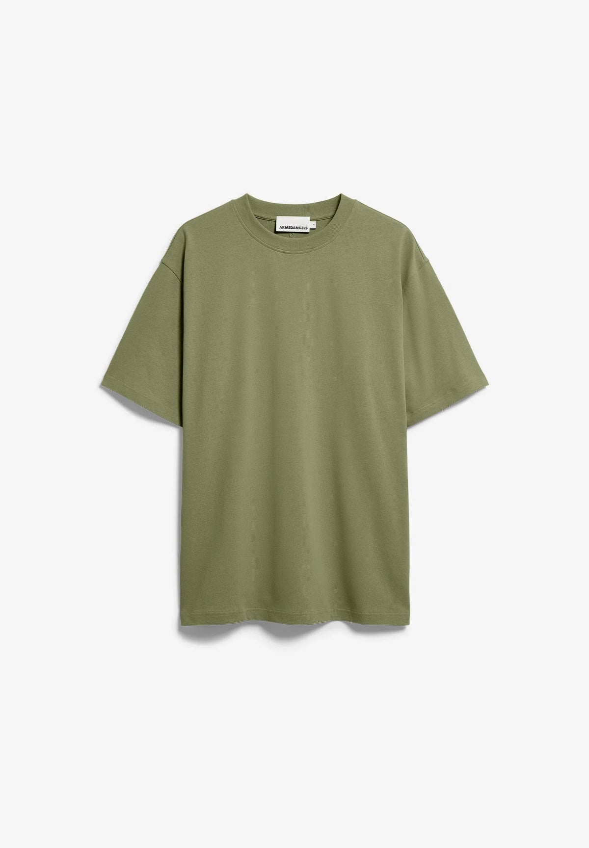 Front flatlay of the ARMEDANGELS Canada Maarkos Heavy Weight T-Shirt in fatigue green on a light grey background.