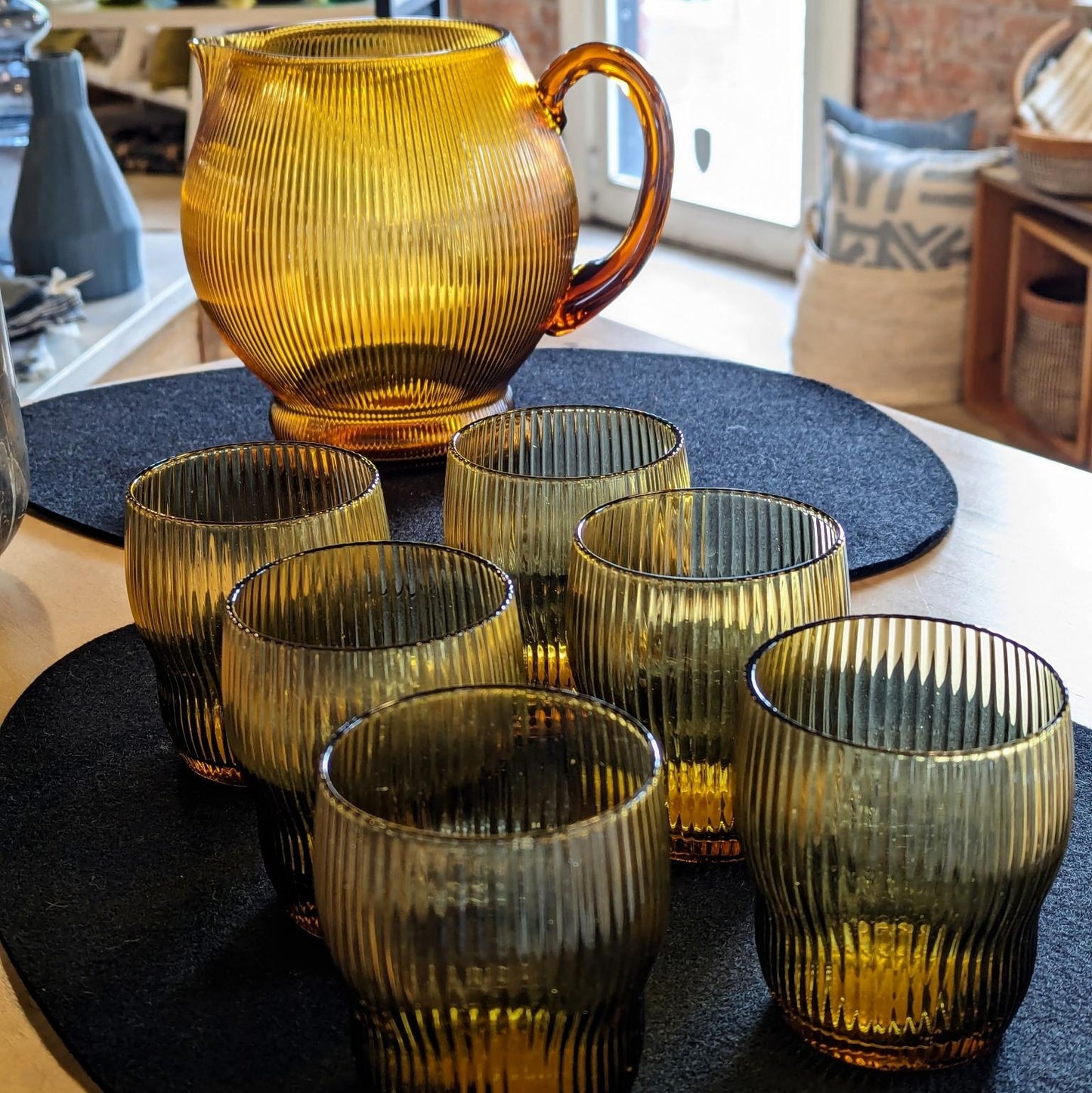 Fluted glass and pitcher