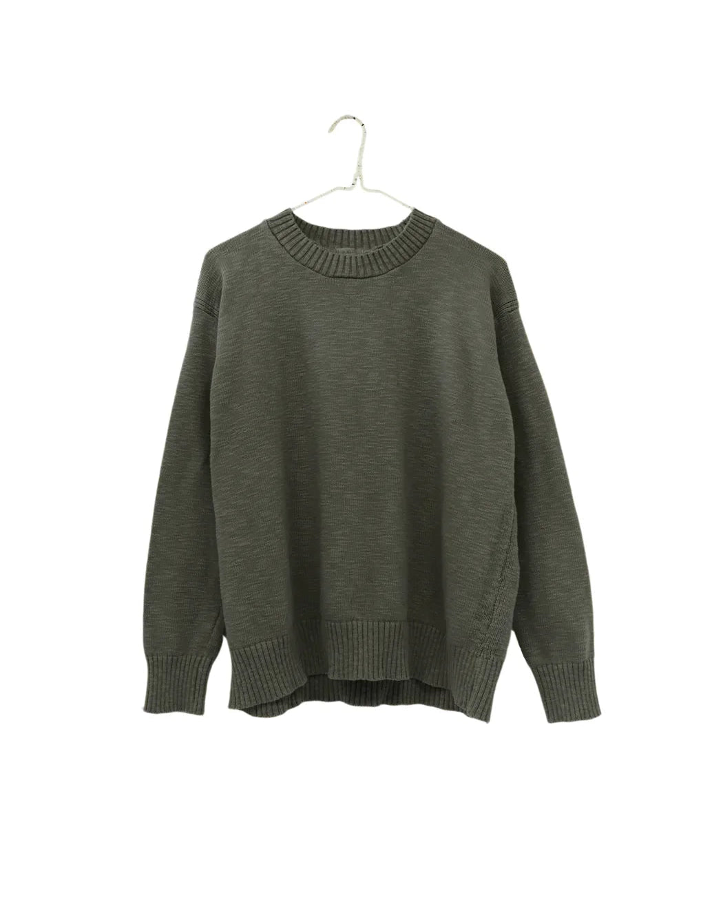 An olive green knit crewneck sweater hanging on a hanger against a plain white background.