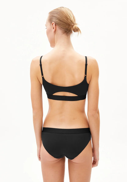 blck bra TOVAA Bralette - ARMEDANGELS Canada black bra made from natural fabric back view on model in Kelowna