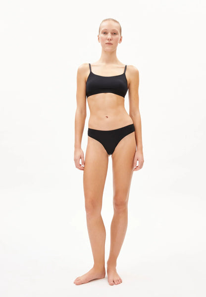 FAARA String Underwear - ARMEDANGELS Canada bikini panties in blush grey front flatlay bikini panties in black on model with matching bra