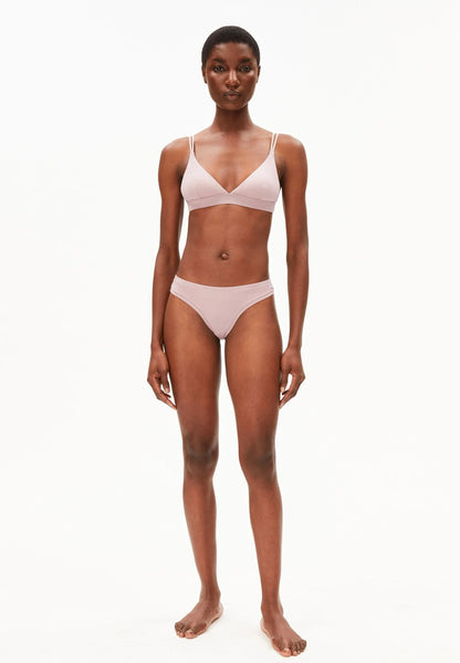 FAARA String Underwear - ARMEDANGELS Canada bikini panties in blush grey front view on model with matching bra