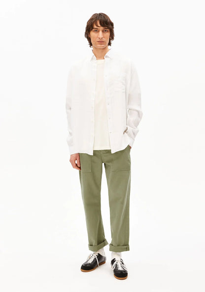 Men's LINEN LONGSLEEVE SHIRT - ARMEDANGELS Canada white linen shirt in Kelowna on model front view