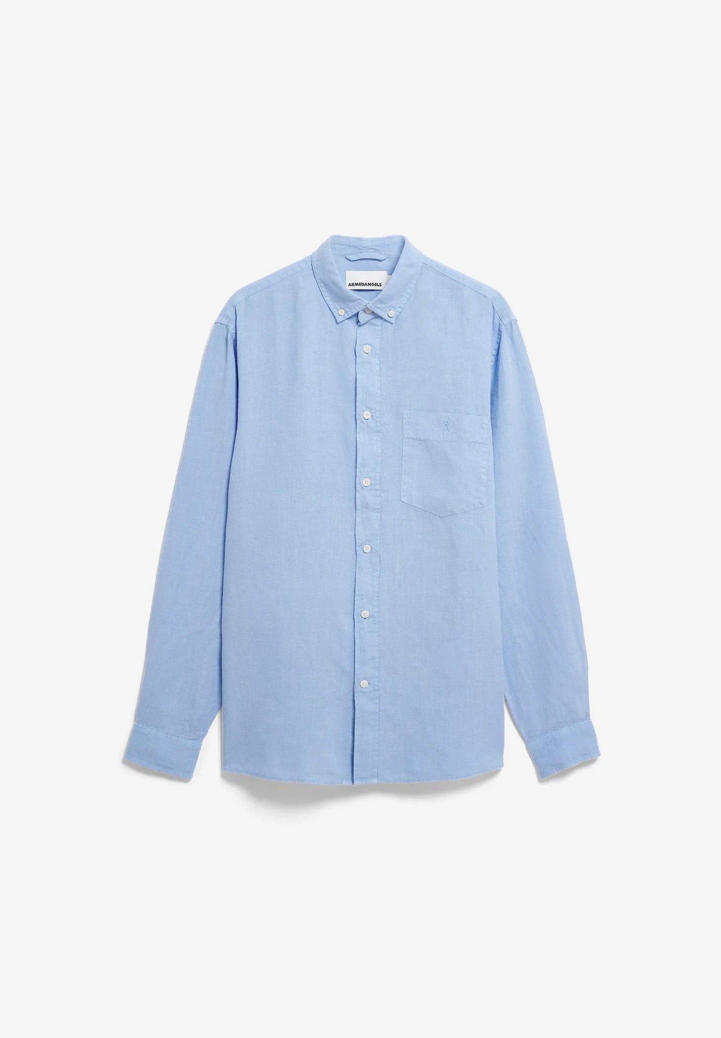 Men's LINEN LONGSLEEVE SHIRT - ARMEDANGELS Canada blue linen long sleeve shirt in Kelowna front flat lay