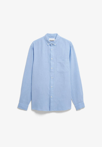 Men's LINEN LONGSLEEVE SHIRT - ARMEDANGELS Canada blue linen long sleeve shirt in Kelowna front flat lay