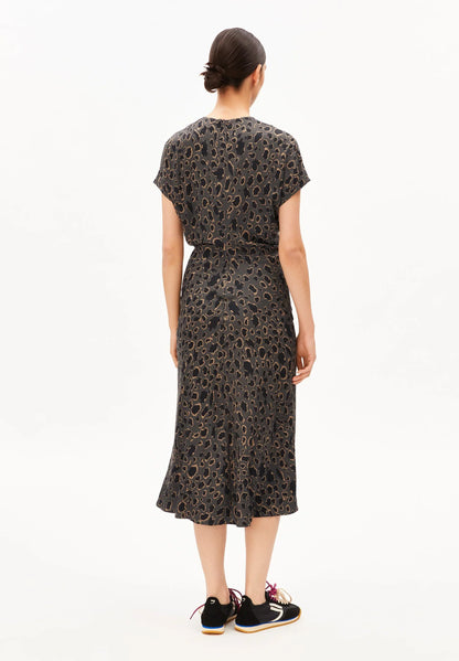 LEO BAT WING MIDI DRESS – ARMEDANGELS Canada leopard print dress Kelowna back view on model