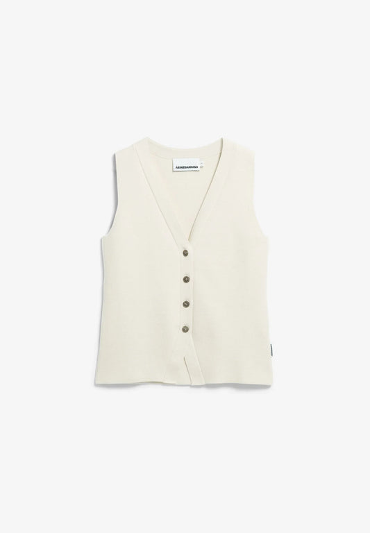 Compact Buttoned Knit Vest in Oatmilk - ARMEDANGELS Canada front flatlay image