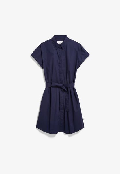 ARMEDANGELS LARISAANA Poplin Mini Dress in Tinted Navy,front flatlay on white background, organic cotton in Kelowna