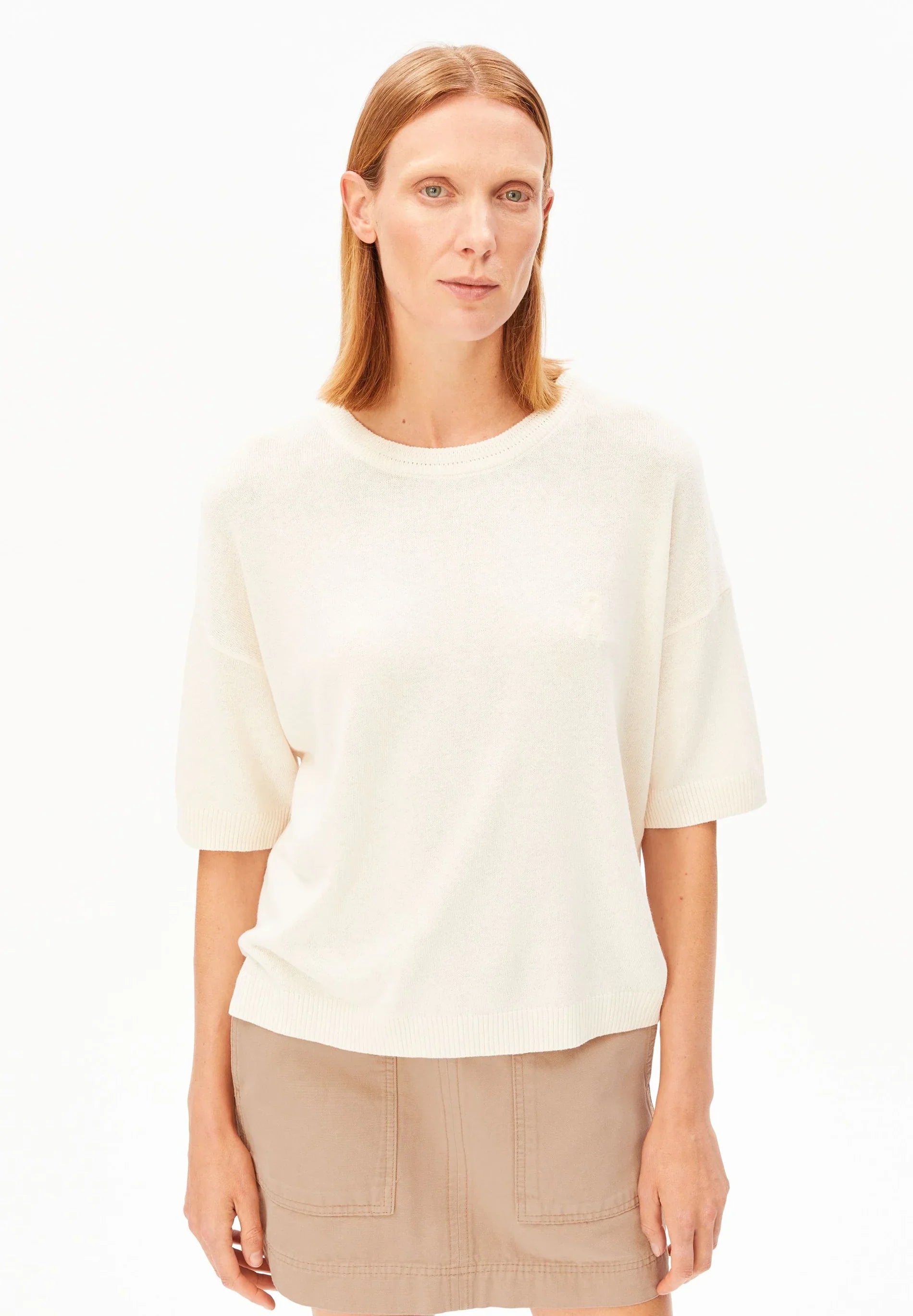 Linen Blend Knit Sweater in Undyed – ARMEDANGELS Canada front view on model
