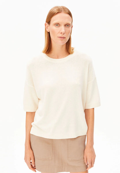 Linen Blend Knit Sweater in Undyed – ARMEDANGELS Canada front view on model